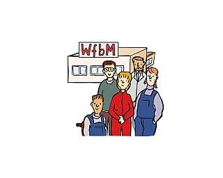 Illustration von fünf Menschen vor einem Gebäude mit Schild