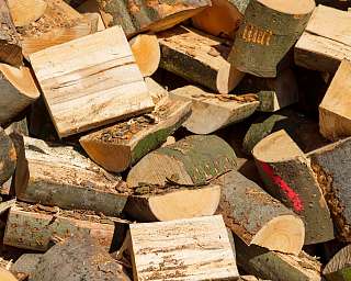 Nahaufnahme von geschüttetem Holz mit Rinde